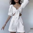Set: Elbow-sleeve Tie-front Cropped Blouse + Shorts