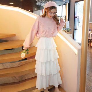 Set: Long-sleeve Frill-trim Top + Tiered Midi Skirt