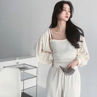 Set: Open Bolero + Camisole Top + Straight-leg Sweatpants