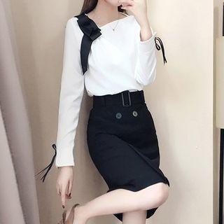 Set: Long-sleeve Bow Accent T-shirt + Button-up A-line Skirt