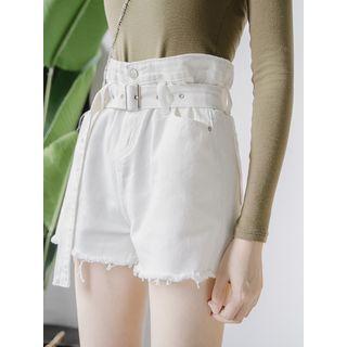 Paperbag-waist Denim A-line Shorts With Belt