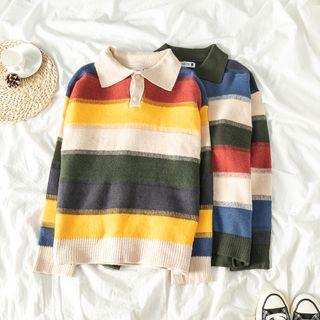 Long-sleeve Striped Collared Knit Top