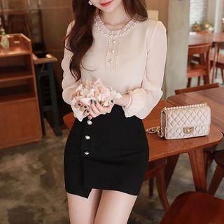 Frilled-neck Faux-pearl Blouse Pink - One Size