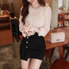 Frilled-neck Faux-pearl Blouse Pink - One Size