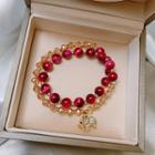 Elephant Rhinestone Gemstone Bracelet 1 Pair - 2 Rings - Elephant - Bracelet - Red & Gold - One Size