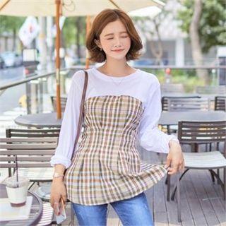 Round-neck Plaid-panel T-shirt