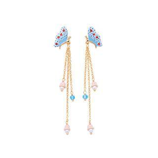 Fashion Elegant Plated Gold Blue Enamel Blue Butterfly Cubic Zirconia Tassel Earrings Golden - One Size