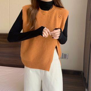 Side Slit Knit Vest / Long Sleeve Mock Neck Top
