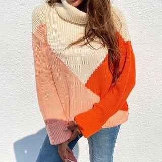 Turtleneck Paneled Long Sleeve Sweater