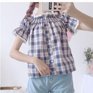 Frill Trim Off-shoulder Plaid Short-sleeve Top