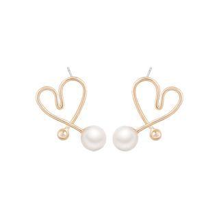 Faux Pearl Heart Stud Earring 1 Pair - 925 Silver Needle Earrings - One Size