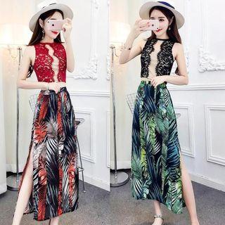 Set: Lace-trim Top + Floral Long Skirt