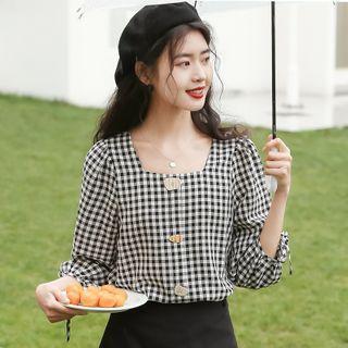 Square-neck Gingham Blouse Black & White - One Size