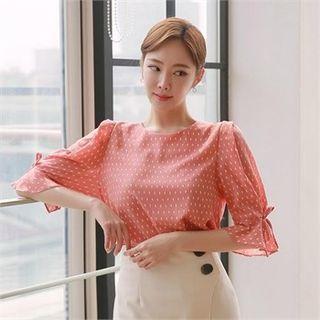 Beribboned Bell-cuff Patterned Blouse