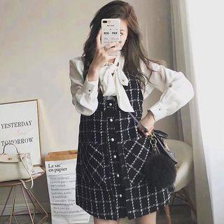 Set: Tie Neck Blouse + Plaid Sleeveless A-line Dress