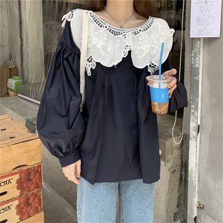 Lantern-sleeve Collared Perforated Blouse