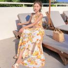 Open Back Flower Print Halter Maxi A-line Dress