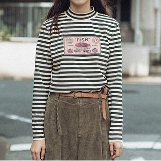 Long-sleeve Mock-neck Striped Lettering Print T-shirt Stripe - Green - One Size