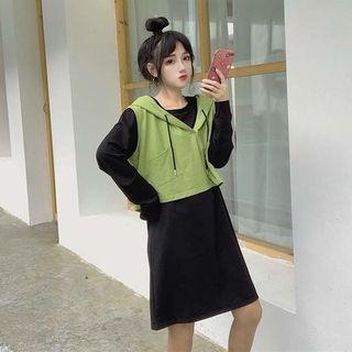 Set: Long-sleeve A-line Dress + Hooded Vest