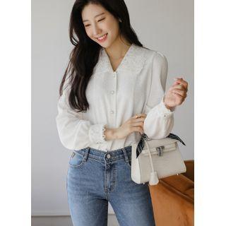 Lace-collar Faux-pearl Crinkled Blouse Ivory - One Size