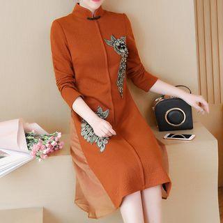 Mandarin Collar Embroidered Long-sleeve A-line Dress