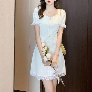 Short-sleeve Square-neck Lace Trim Mini A-line Dress