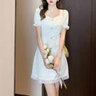 Short-sleeve Square-neck Lace Trim Mini A-line Dress