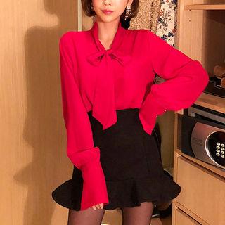 Tie-neck Bishop-sleeve Chiffon Blouse