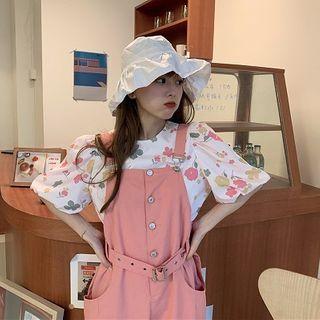 Flower Print Puff-sleeve T-shirt / Cropped Jumper Pants