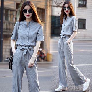 Short-sleeve Striped Shirt + High-waist Drawstring Striped Bell-bottom Pants