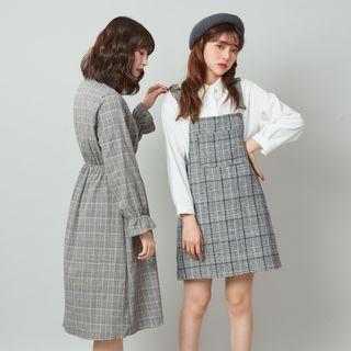 Long-sleeve Plaid Band Collar Shirt Dress Blue - One Size