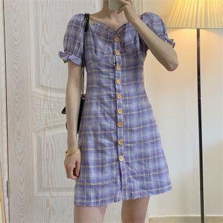 Balloon-sleeve Plaid A-line Dress / Cardigan