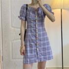 Balloon-sleeve Plaid A-line Dress / Cardigan