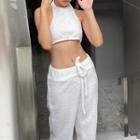 Set: Halter Crop Tank Top + High-waist Wide-leg Pants