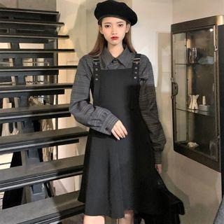 Set: Long-sleeve Plaid Cropped Shirt + Sleeveless Dress Black & Blue - One Size