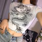 Dragon Print Short-sleeve Cropped Mesh Top