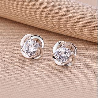Rhinestone Floral Stud Earring Qr-094 - 1 Pr - Silver - One Size