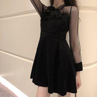 Tie-neck Mesh-sleeve Glitter A-line Dress Black - One Size