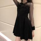 Tie-neck Mesh-sleeve Glitter A-line Dress Black - One Size