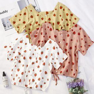 Strawberry Print Square-neck Drawstring-hem Top
