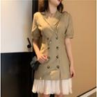 Double-breasted Lace-hem Mini Dress Khaki - One Size