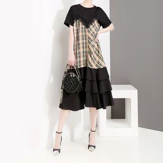 Short-sleeve Plaid Panel Midi Tiered Dress Black - One Size