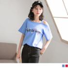 Elbow Sleeve One Shoulder Letter Embroidered Top