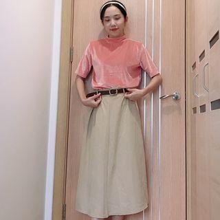 Mock-turtleneck Elbow-sleeve Velvet Top / Midi A-line Skirt / Set