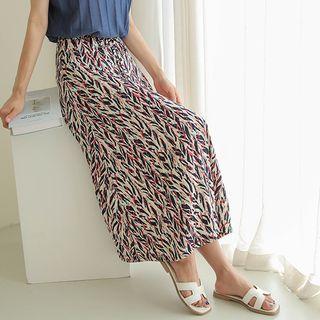 Drawstring-waist Patterned A-line Skirt Red - One Size