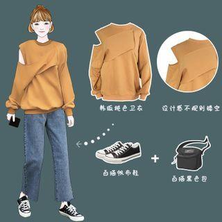 Off Shoulder Plain Long-sleeve Sweatshirt As Shown In Figure - One Size