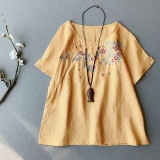 Short-sleeve Floral Embroidered Linen Top