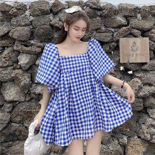 Puff-sleeve Gingham Mini A-line Dress Blue - One Size
