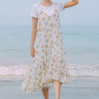 Floral Print Midi Chiffon Pinafore Dress