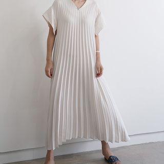 V-neck Plain Pleated Midi A-line Dress Milky White - One Size